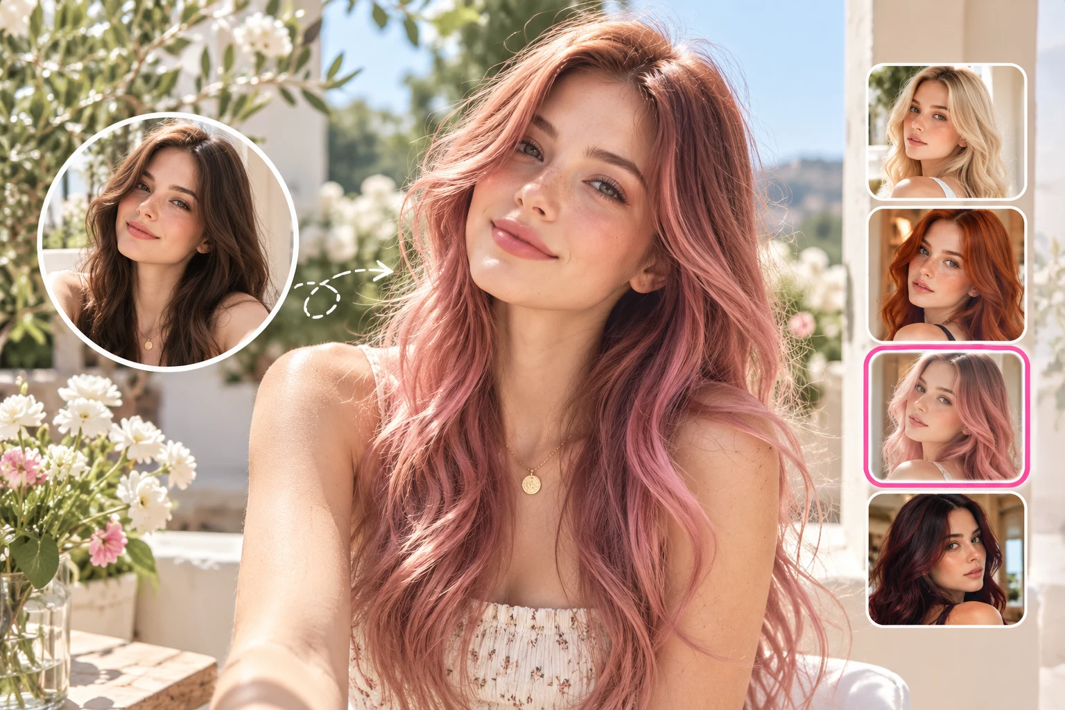 Rose-pink hair color preview with the original brunette photo and blonde, copper, pink, and dark red color examples