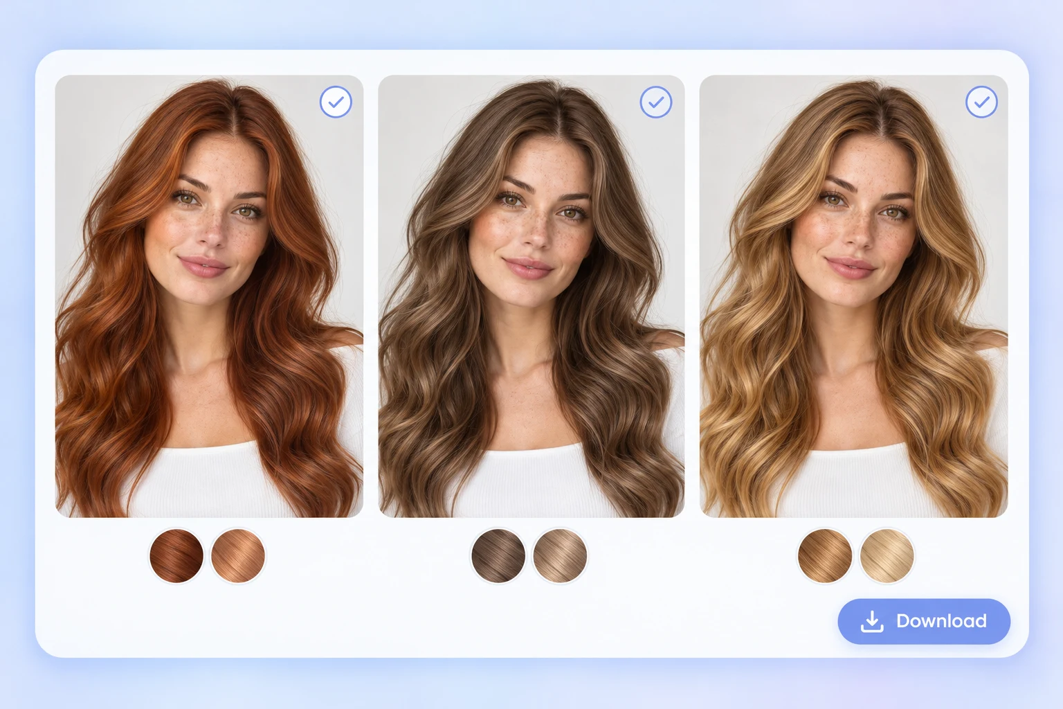 Copper, brown, and golden blonde portraits of the same woman with matching hair color swatches