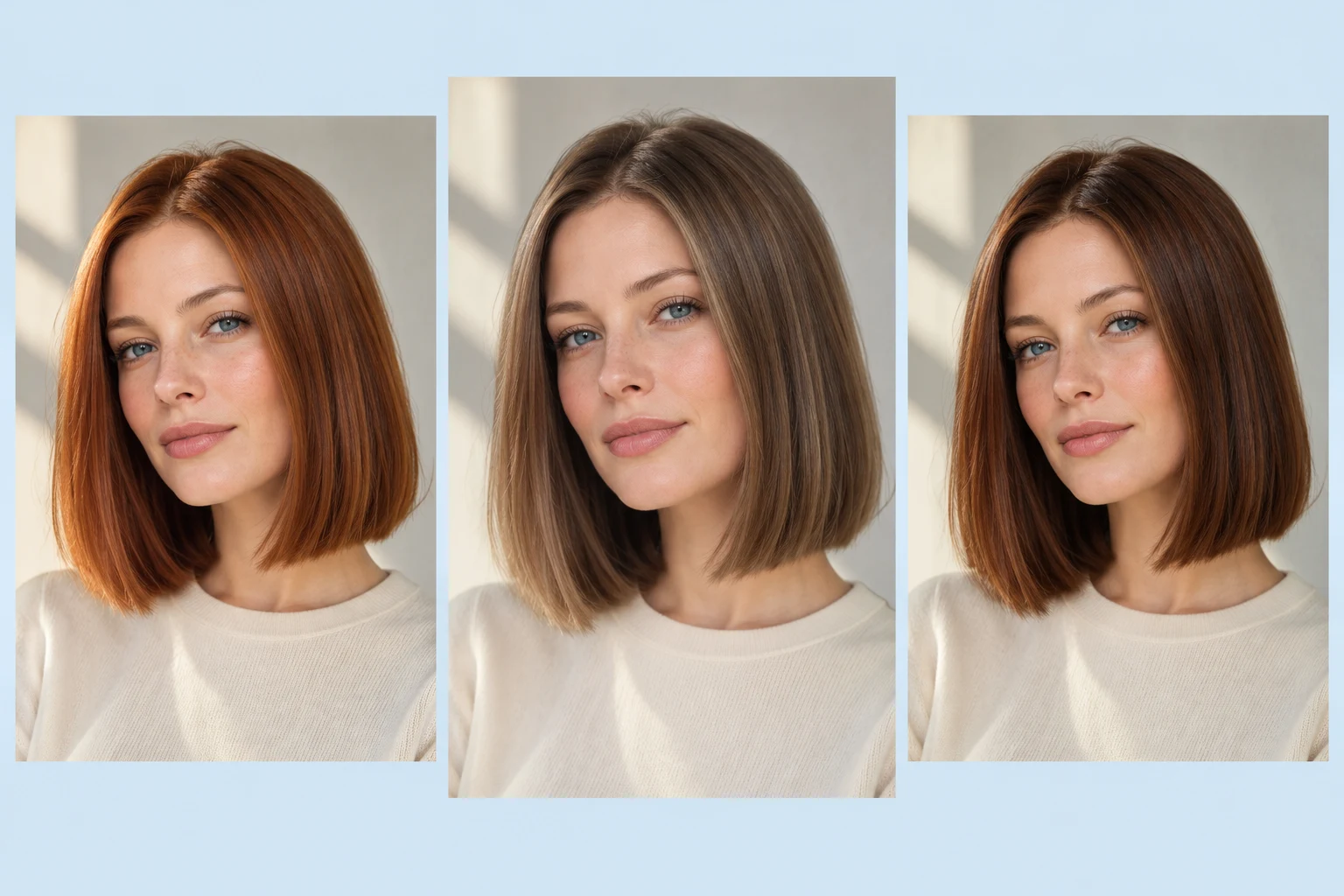 Three hair colors compared on the same woman with a bob haircut