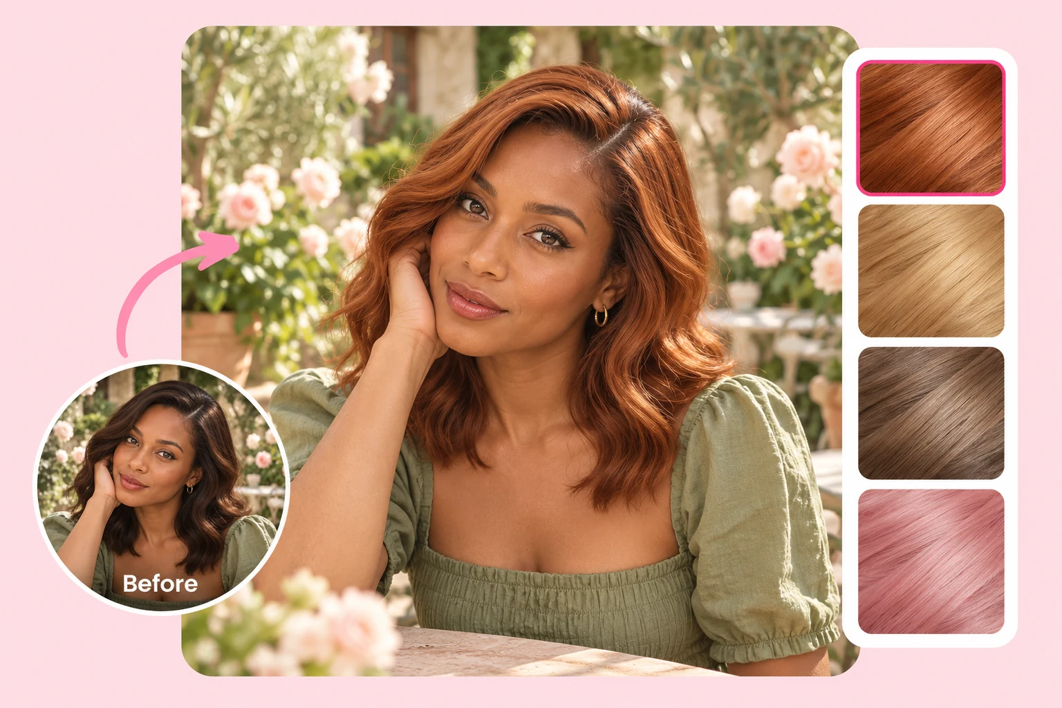 Original brown hair compared with copper-red hair and alternative color swatches.