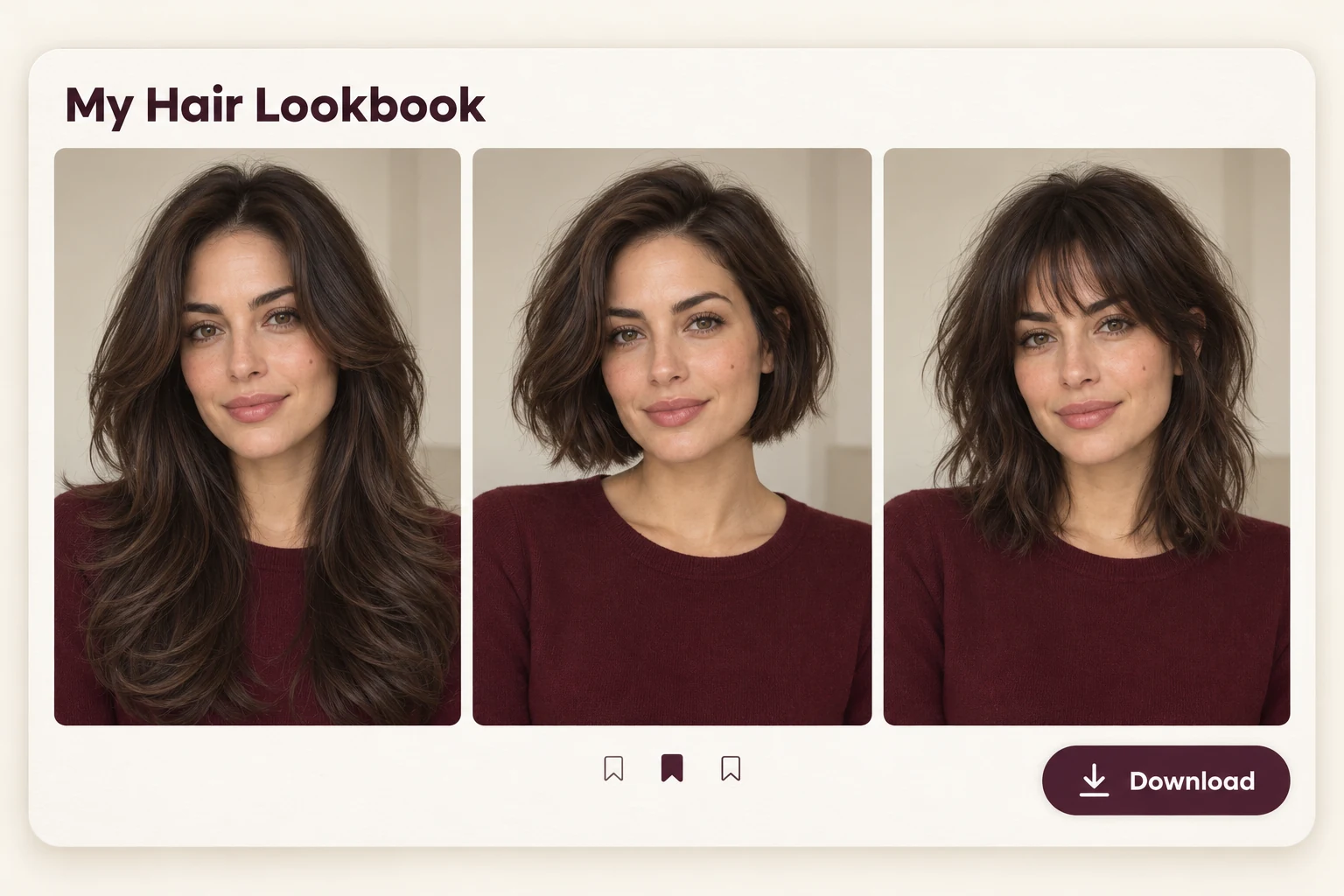 Hair lookbook comparing long layers, a bob and a shag on the same woman.