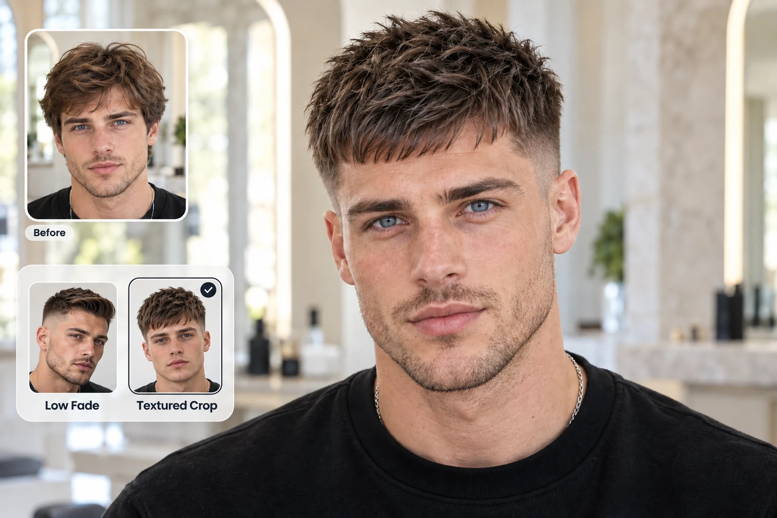 Preview a textured crop on a man’s photo, with the original hairstyle and low fade options before a barber visit.