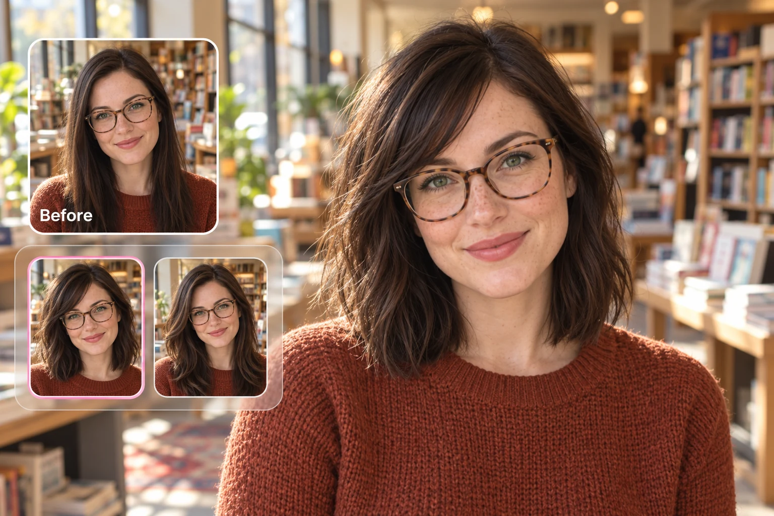 Woman wearing glasses comparing her original long hair with lob hairstyles.