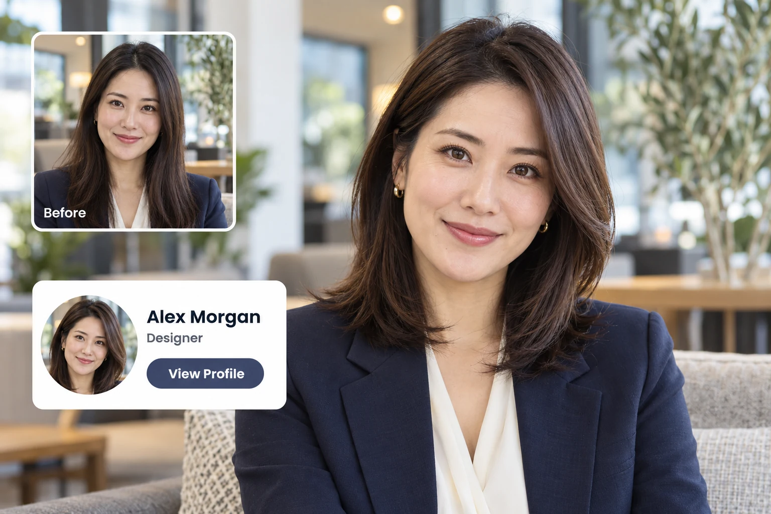 Before and after shoulder-length layers for a polished profile portrait.