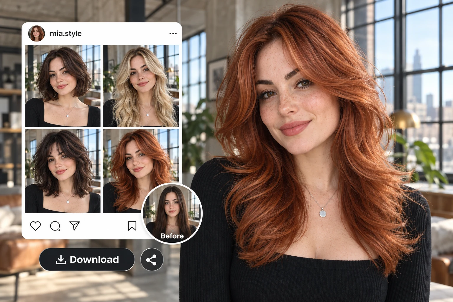 Copper-red butterfly layers with a before photo and a social post showing multiple hairstyles.