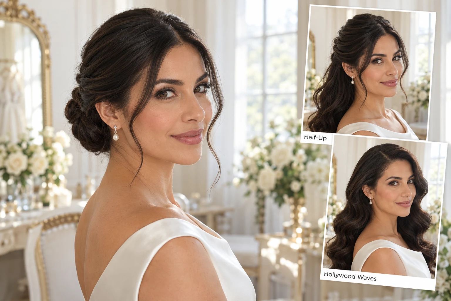 Bride comparing a low bun, half-up hairstyle and Hollywood waves.