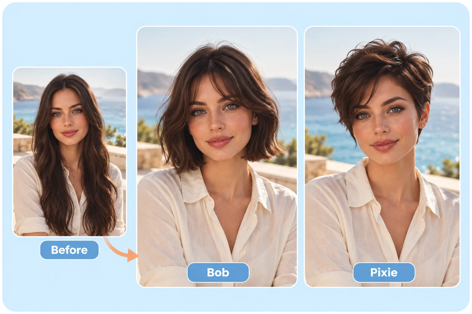 Long hair compared with a bob and pixie cut on the same woman.