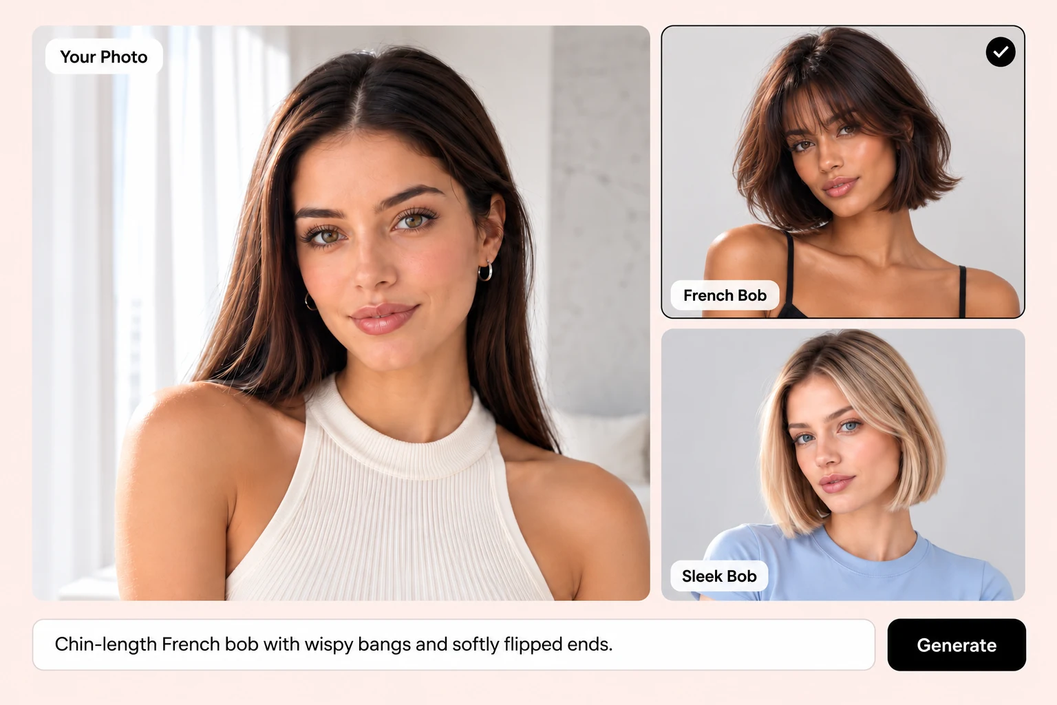 Choose a French bob or describe a hairstyle with a text prompt.