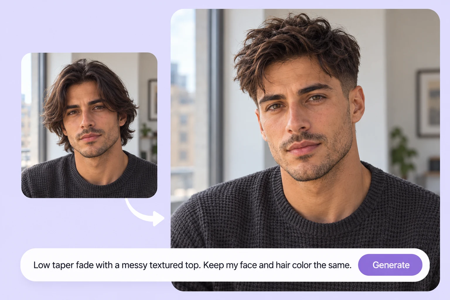 Before and after a low taper fade, with a text prompt describing the haircut.