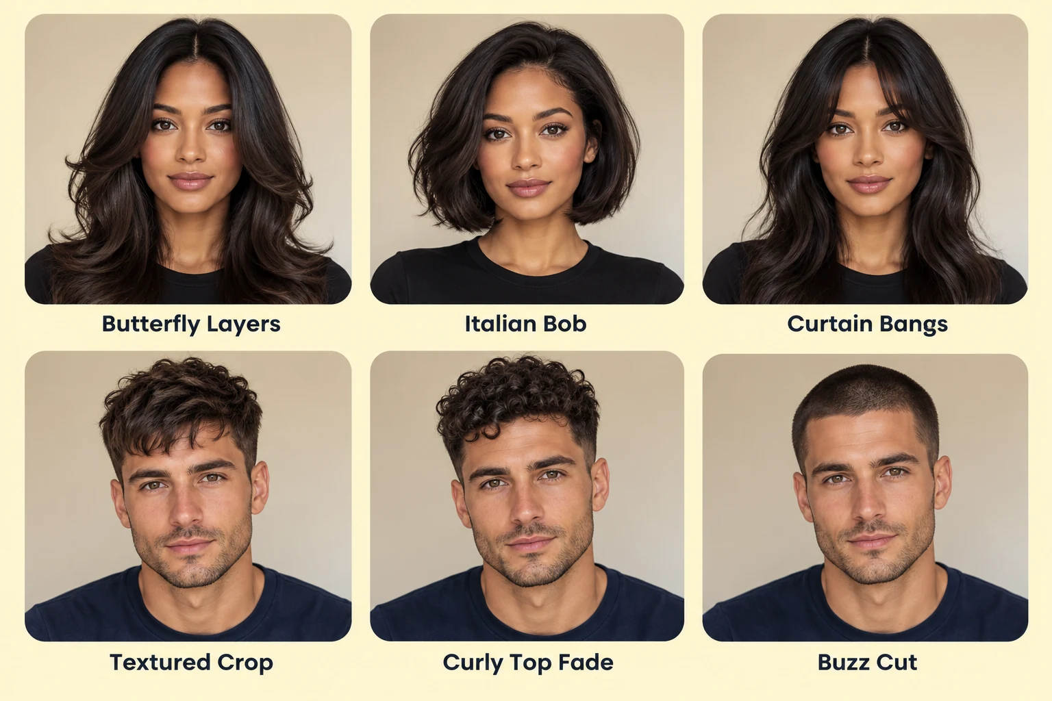 Six trending hairstyles for women and men: butterfly layers, Italian bob, curtain bangs, textured crop, curly top fade and buzz cut.
