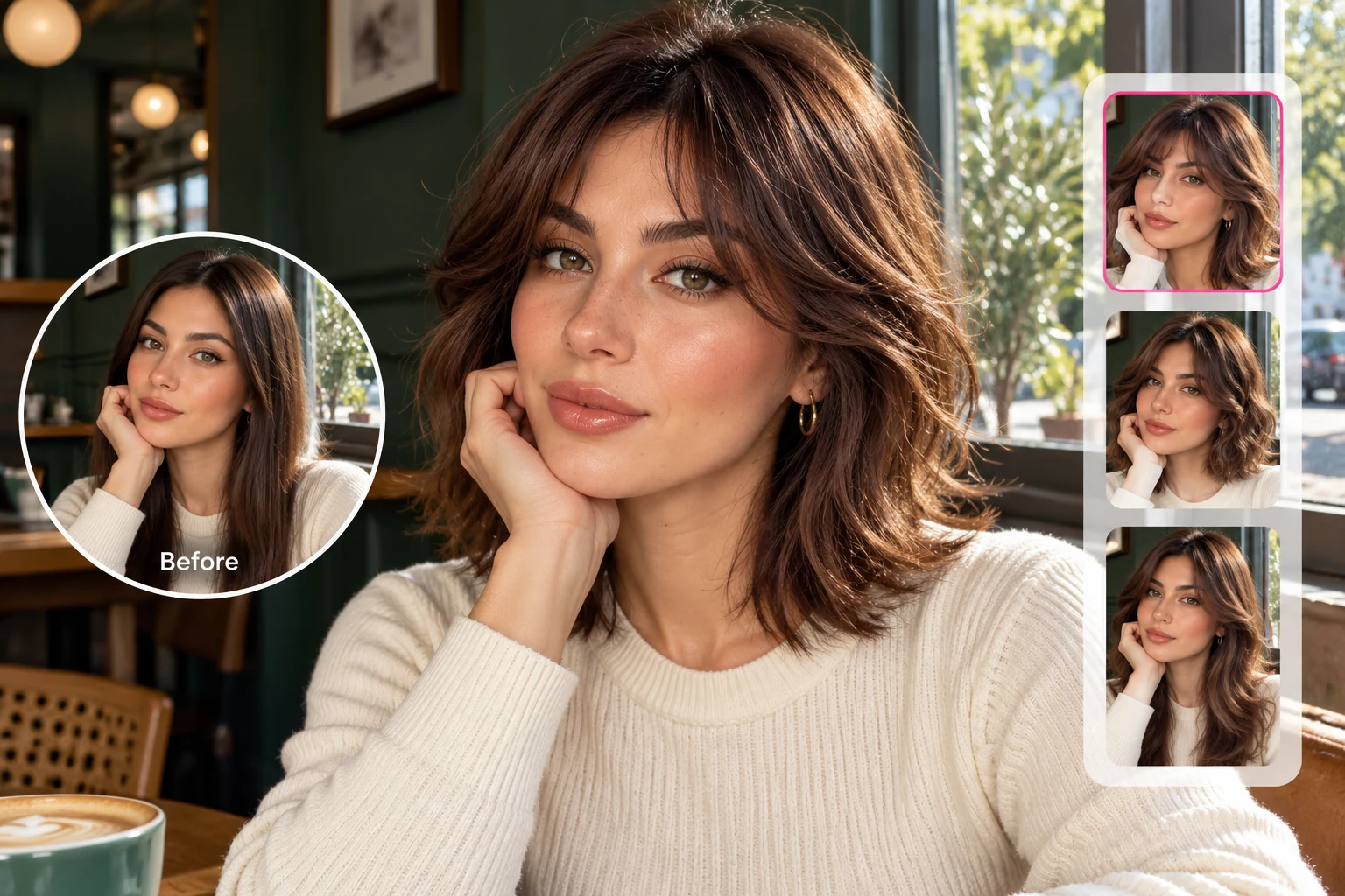 Woman trying a chocolate-brown wolf cut with her original selfie and alternative hairstyles.