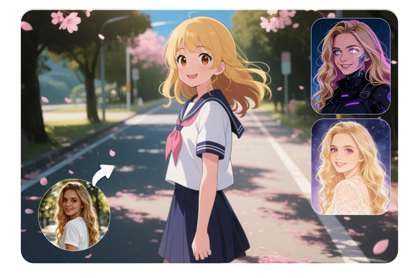 Image to image anime result: girl in school uniform on cherry blossom street, with alternate character styles on the side