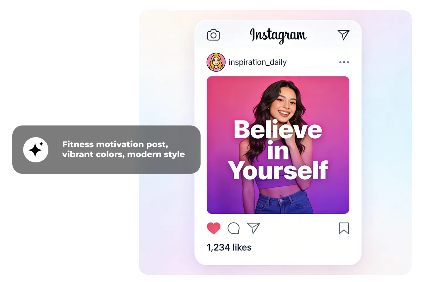 AI generated Instagram post mockup with smiling woman and bold headline text on a vibrant gradient background