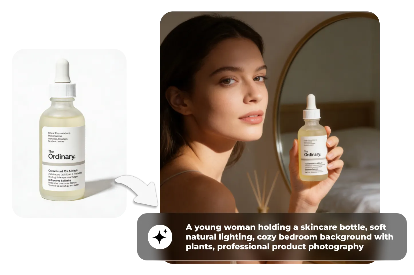 Product photo generation shows skincare bottle cutout turning into lifestyle shot with model holding the bottle