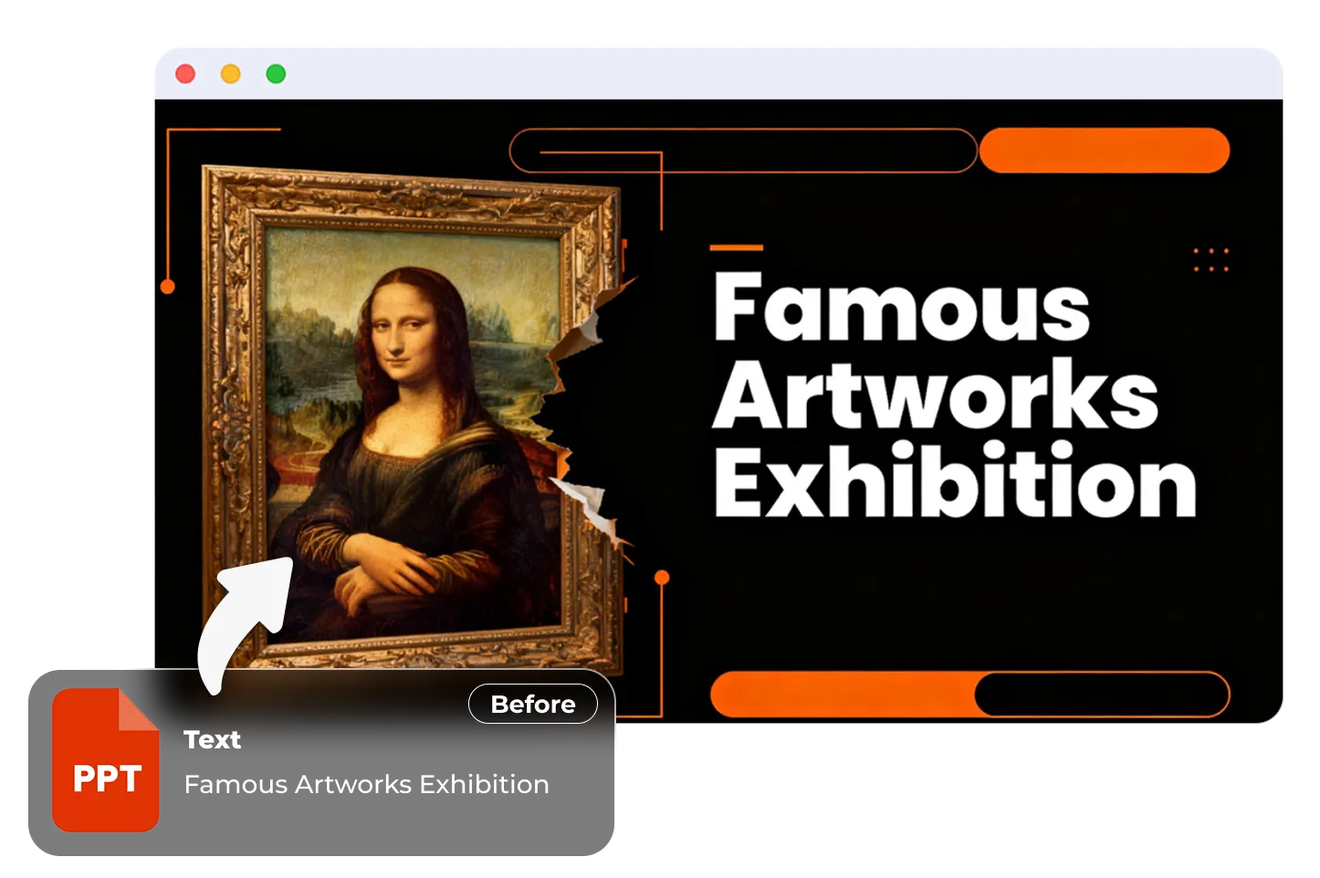 AI presentation slide design with Mona Lisa artwork, “Famous Artworks Exhibition” title, and a before text-to-slide label