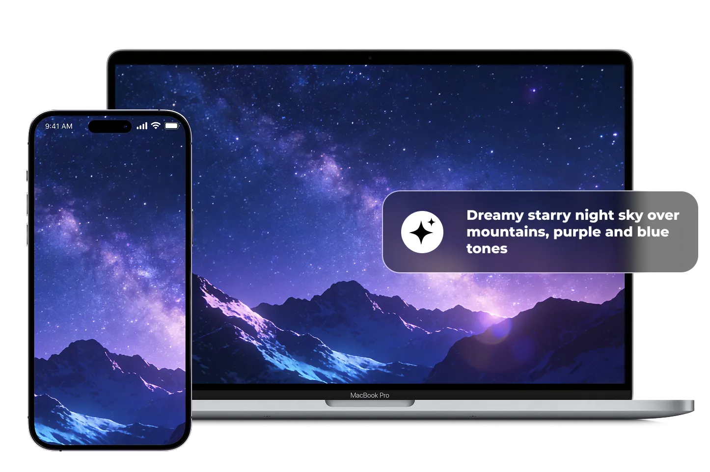 AI wallpaper displayed on phone and laptop, featuring a purple blue starry night sky over mountain peaks