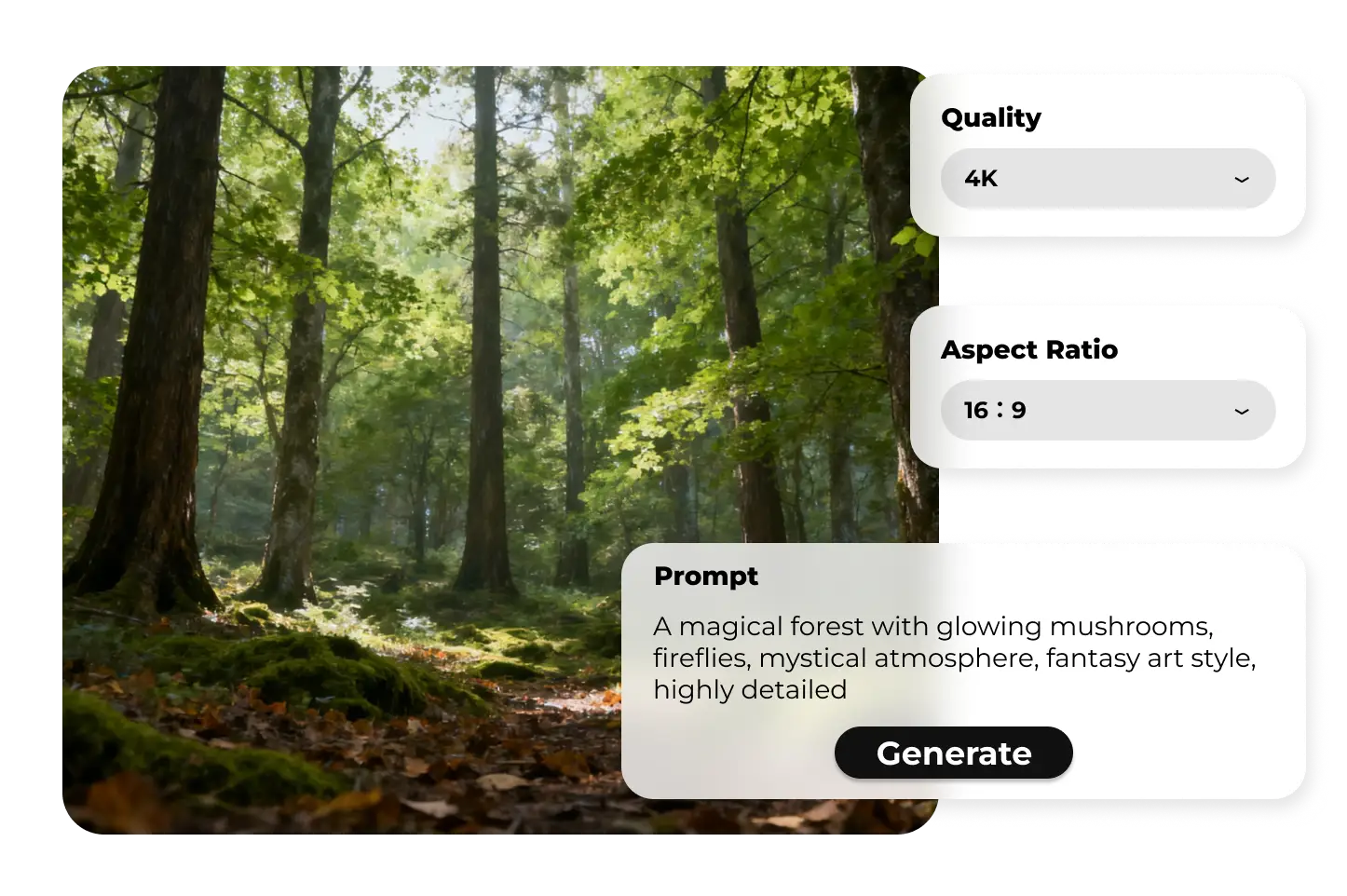 AI image generation settings showing 4K quality, 16:9 aspect ratio, and a text prompt used to generate a magical forest scene
