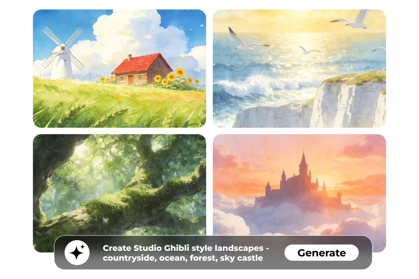 Studio Ghibli style landscape images showing countryside fields, ocean cliffs, forest scenes, and a floating castle in the sky