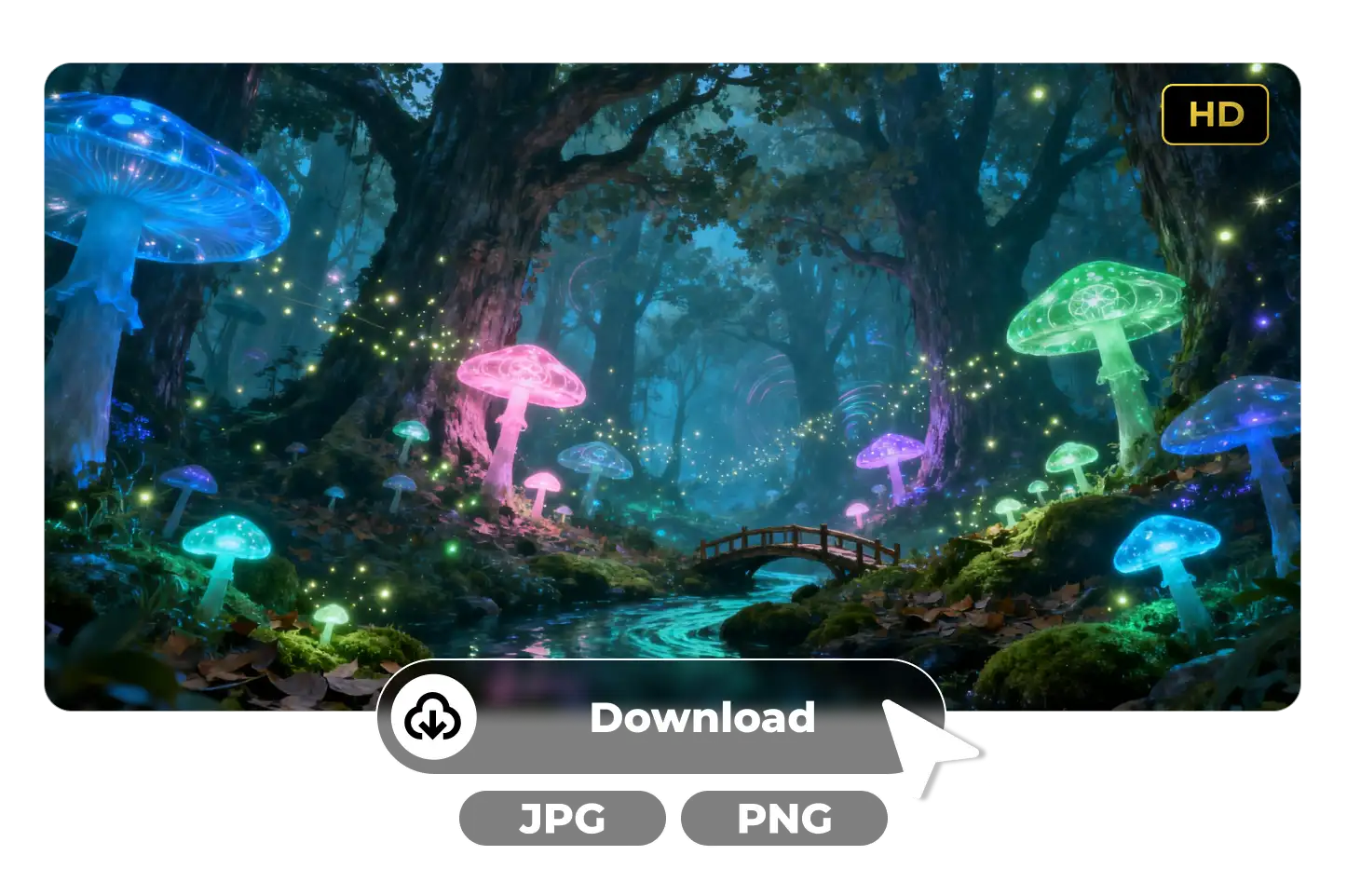 Generated fantasy forest scene with glowing mushrooms and fireflies, showing download options in JPG and PNG formats in HD quality