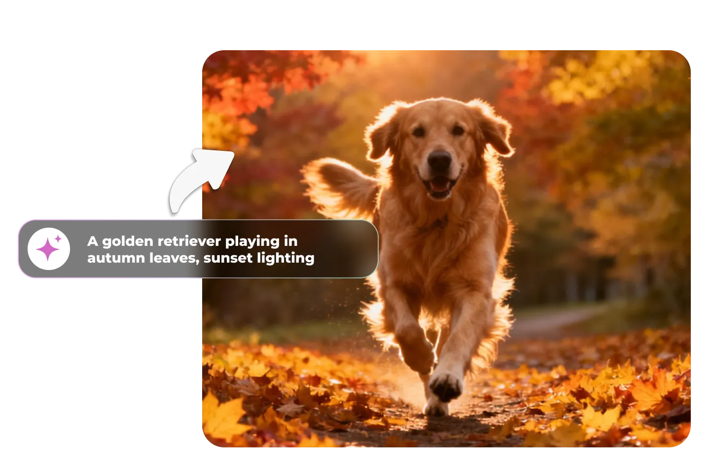 Text prompt bubble generates a golden retriever running through autumn leaves in warm sunset lighting