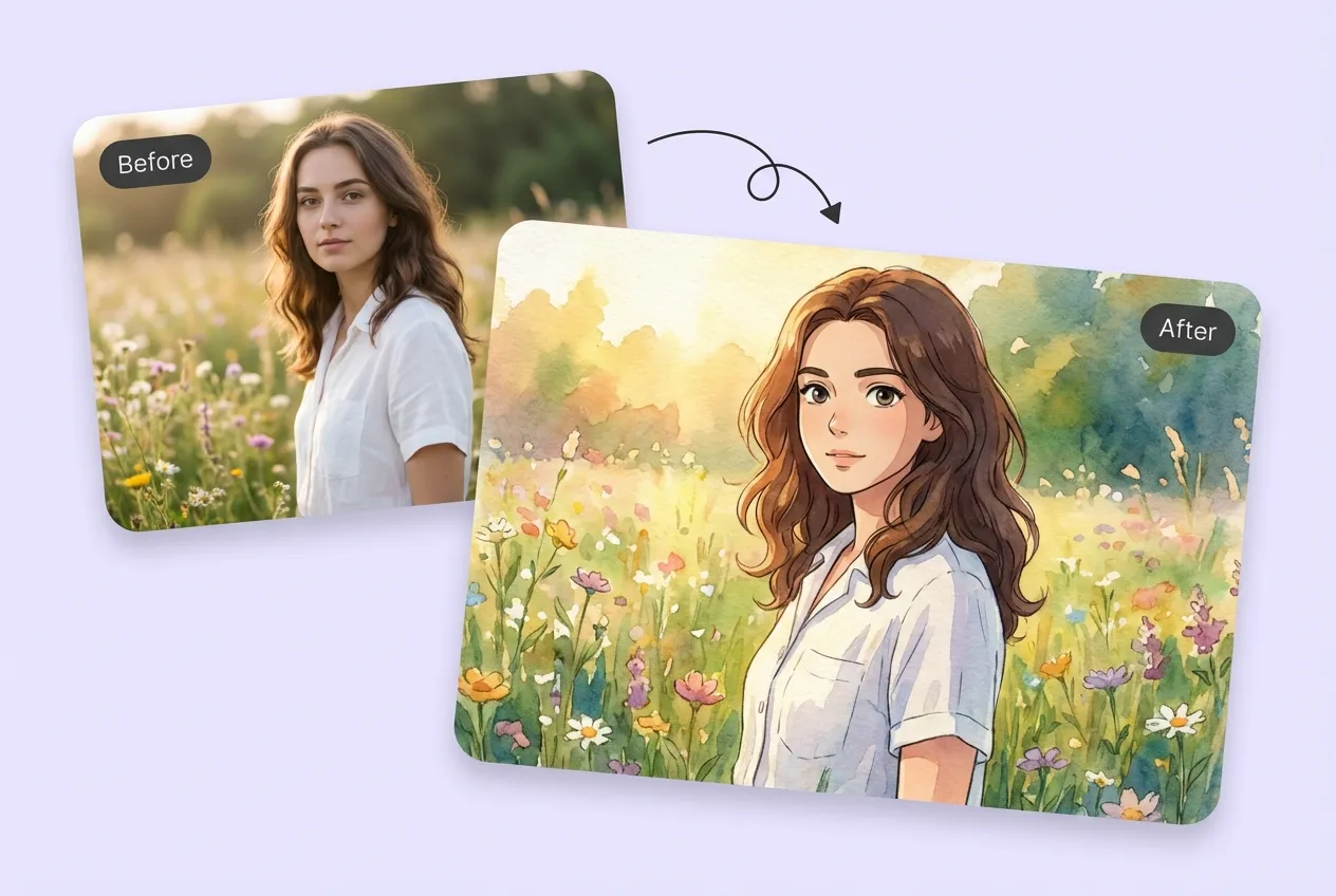 Antes y después: una foto real convertida a anime usando el estilo acuarela de Ghibli, mujer en un prado de flores silvestres