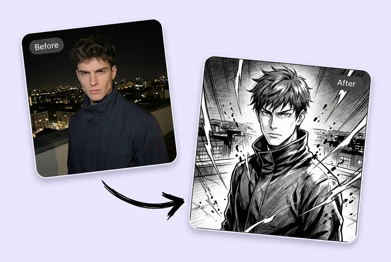 Antes y después: una foto real de un hombre transformada en un retrato estilo manga de alto contraste con líneas de acción