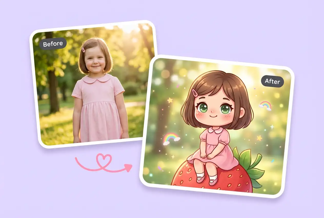 Antes y después: una foto real de una joven transformada en un personaje de anime chibi sentada sobre una fresa