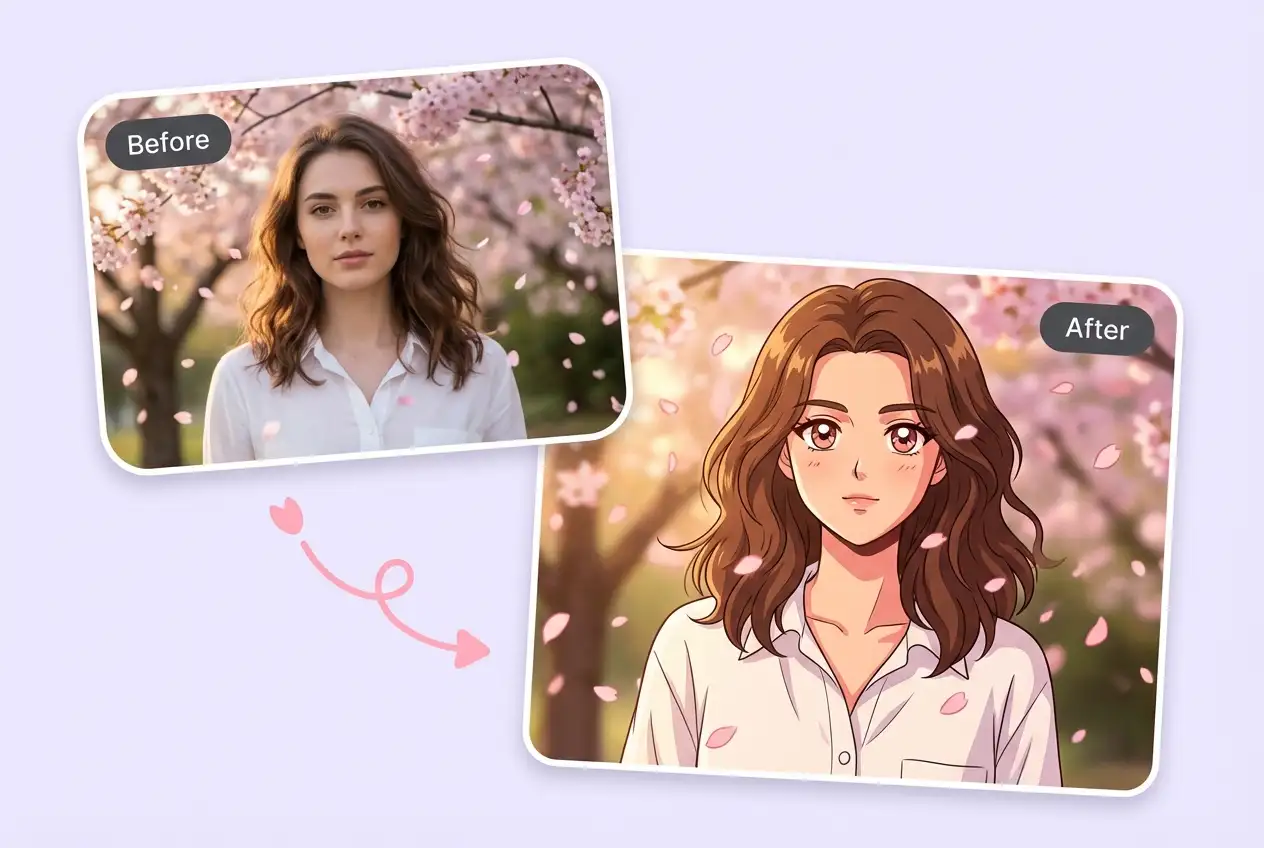 Antes y después: una foto real de una mujer bajo flores de cerezo transformada en un retrato clásico de anime