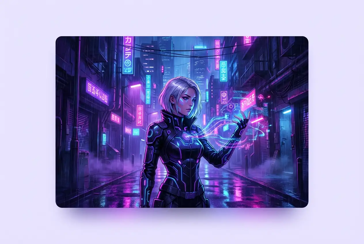 Escena de anime cyberpunk generada por IA que presenta un personaje femenino en un callejón empapado de lluvia iluminado con luces de neón