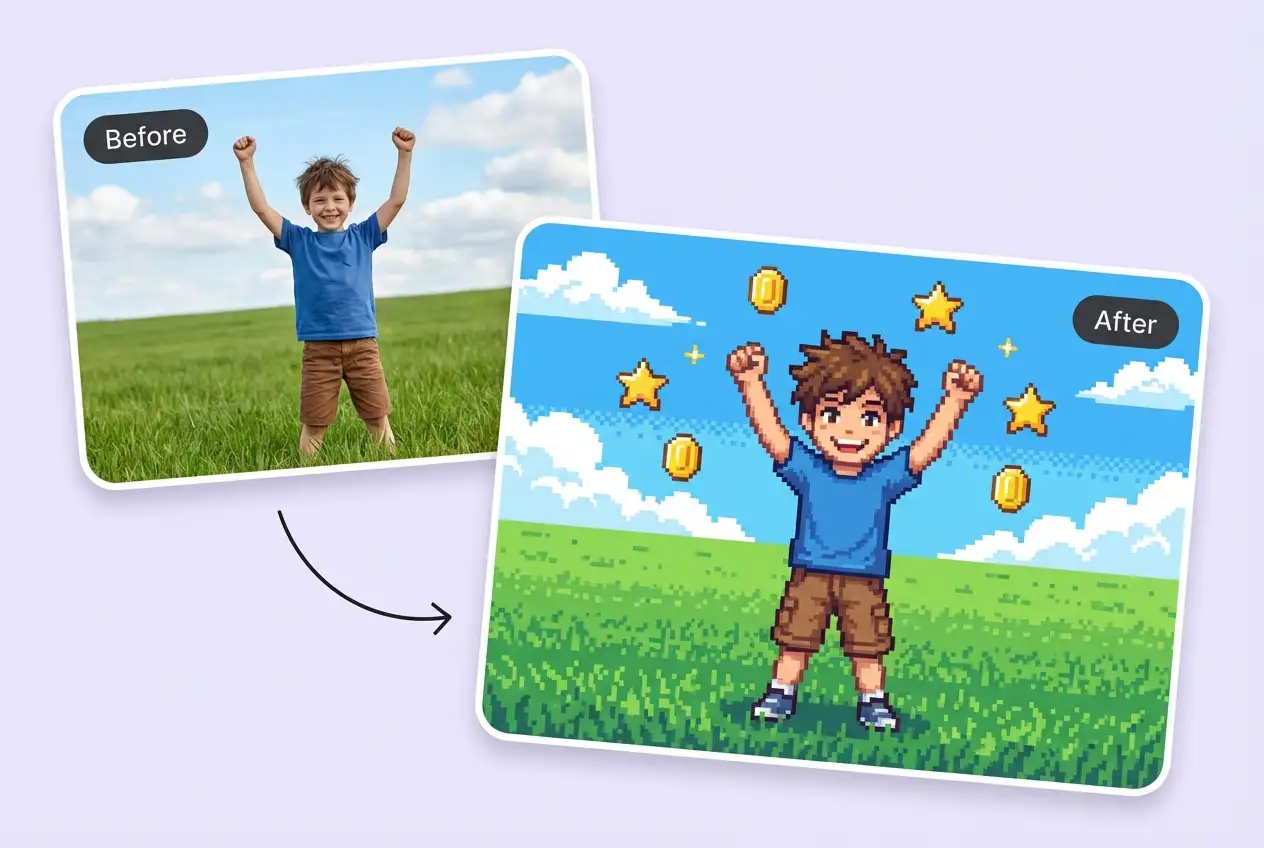 Antes y después: una foto real de un niño transformado en un personaje de anime pixel art con monedas y estrellas