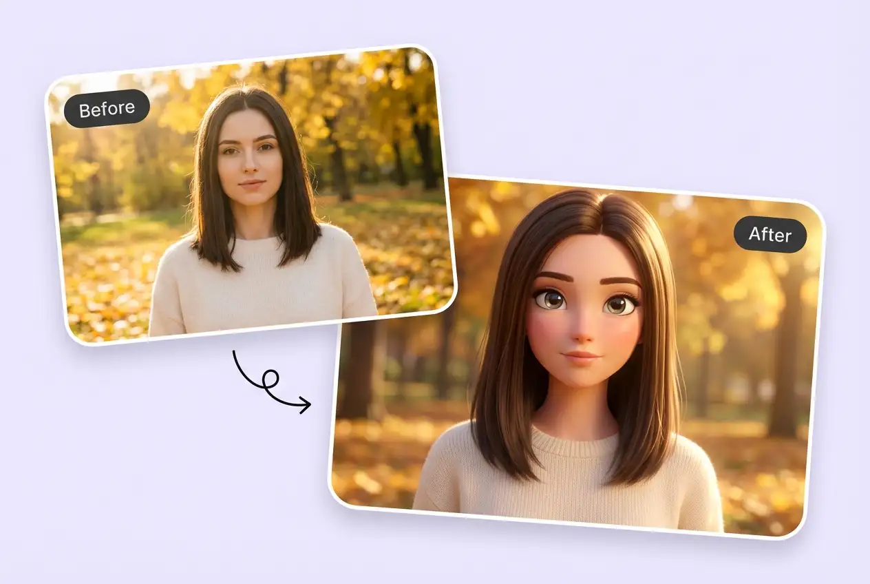 Antes y después: una foto real convertida a anime usando estilo anime 3D, mujer en un parque otoñal