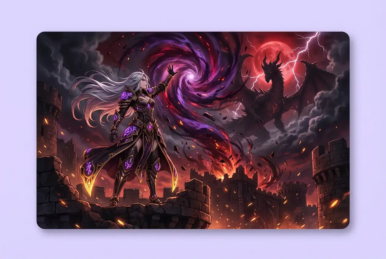 Ilustración de anime de fantasía oscura generada por IA que muestra a una hechicera lanzando un hechizo contra un dragón bajo una luna de sangre