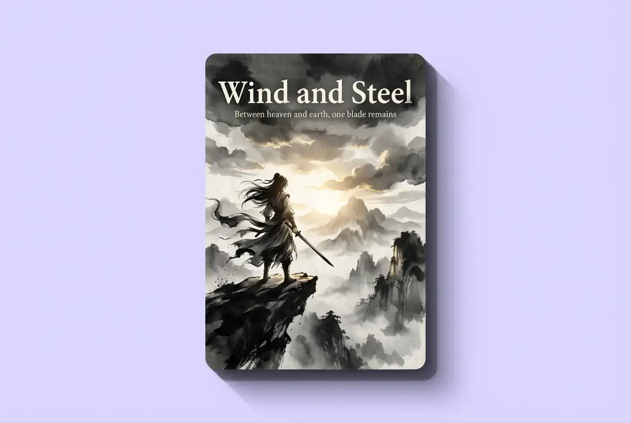 Ilustración de anime de lavado de tinta generada por IA para la portada de un libro titulado Viento y acero, guerrero en un acantilado de montaña al amanecer