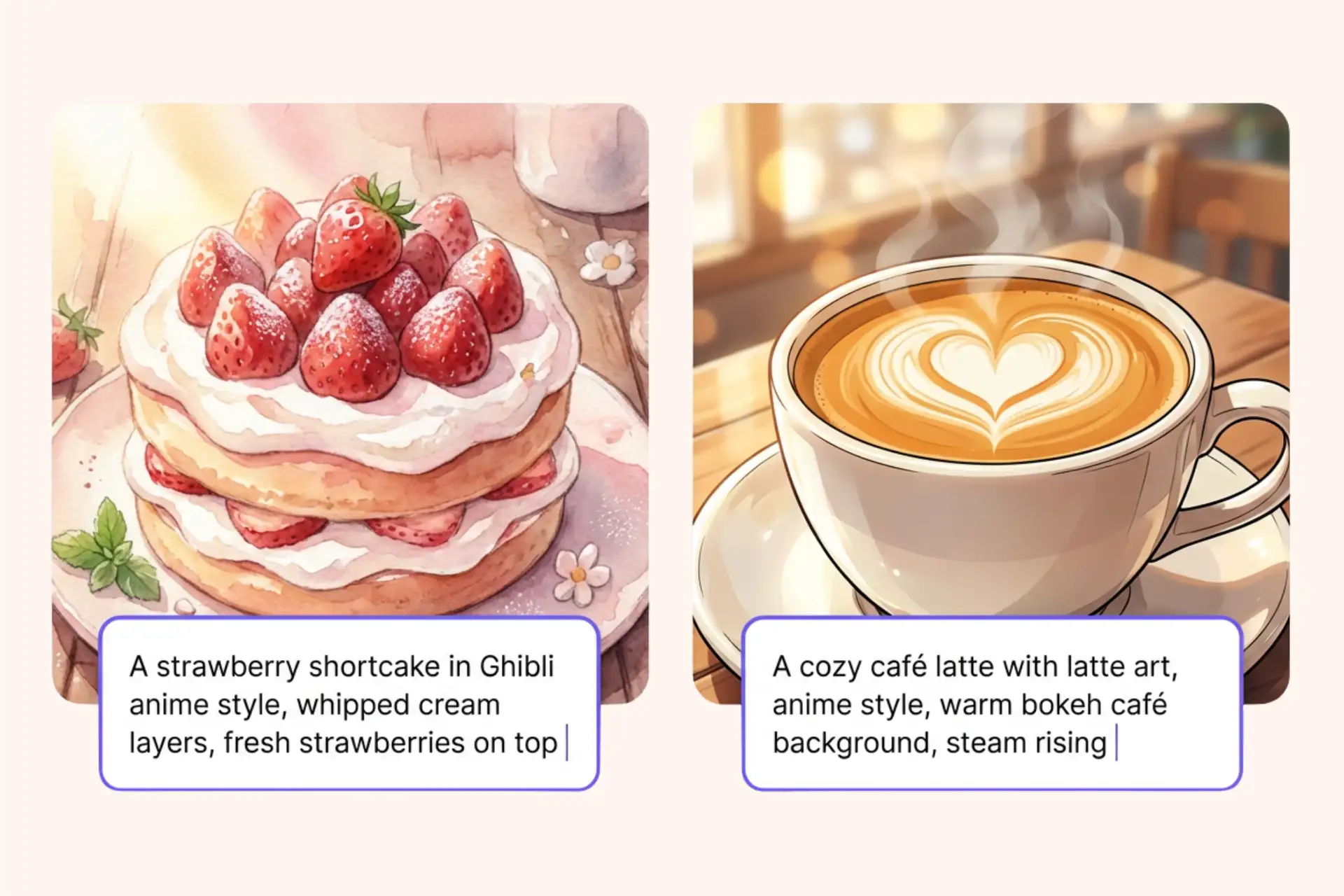 Dos ilustraciones de comida de anime generadas por IA: una tarta de fresas estilo Ghibli y un acogedor café con leche estilo anime con arte latte