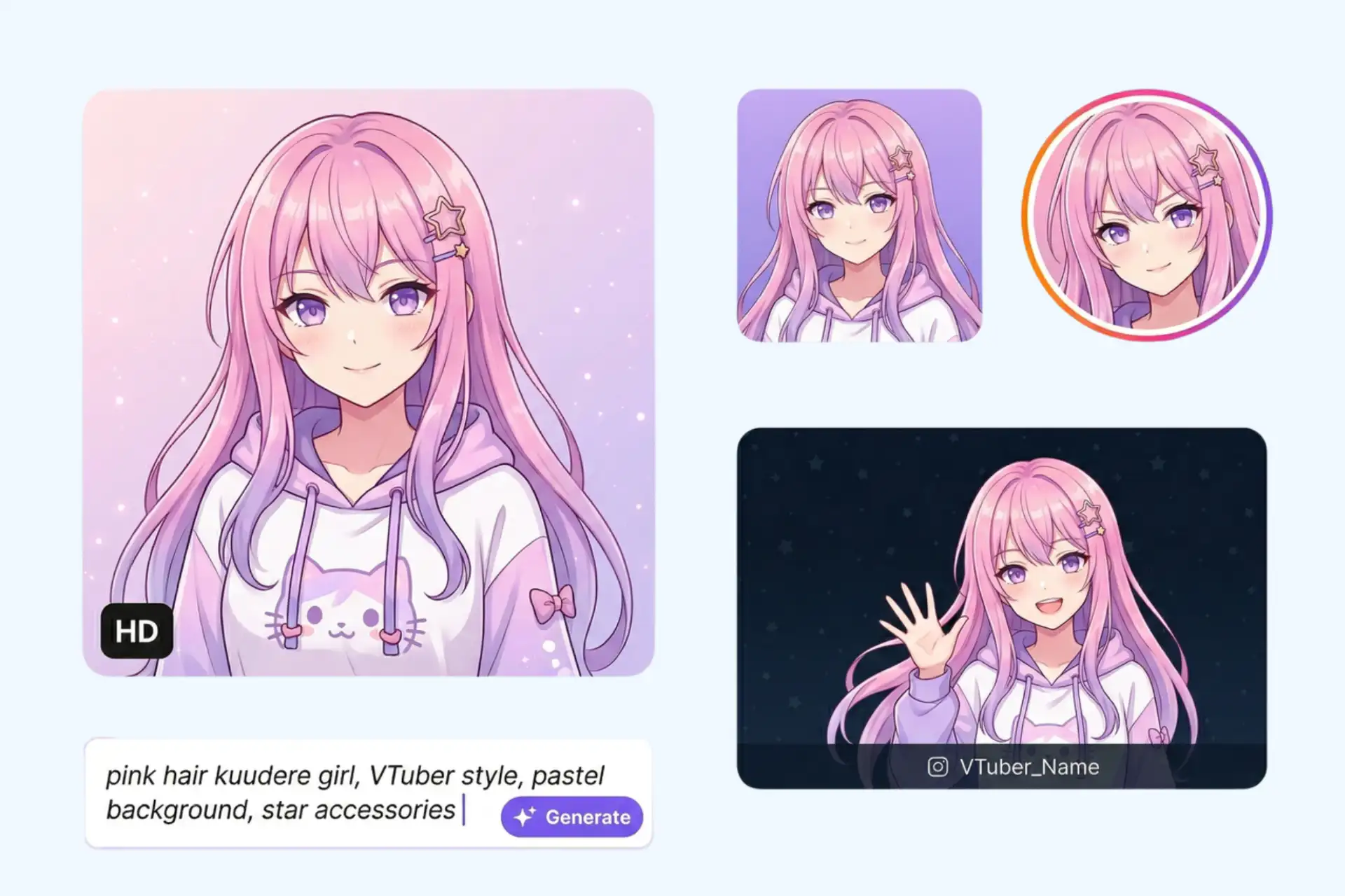 Un avatar de anime estilo VTuber con cabello rosado generado a partir de un mensaje de texto, mostrado como una imagen de perfil y un banner