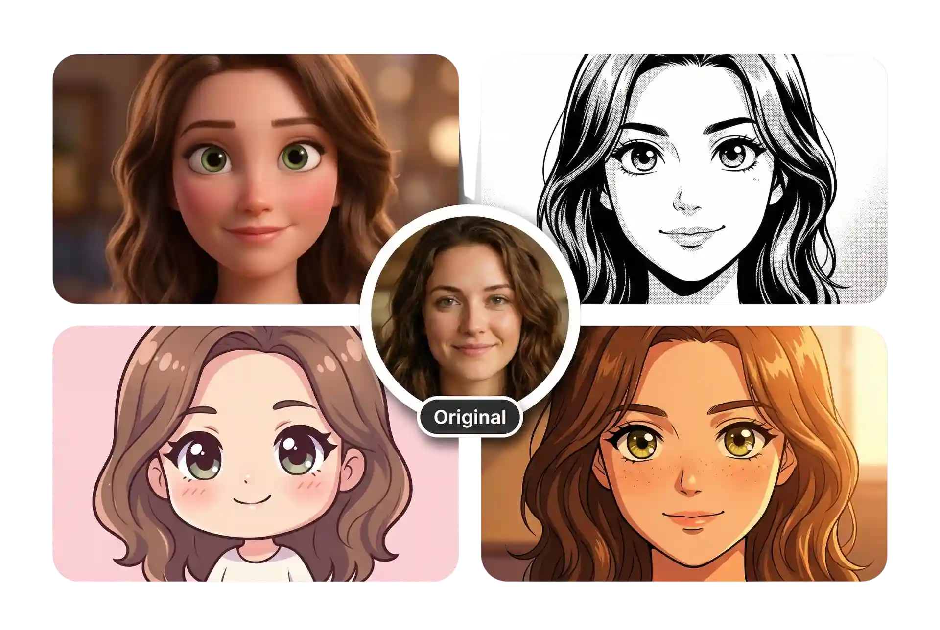 Una sola foto transformada en cuatro estilos de anime: anime 3D, líneas de manga, chibi y retrato de anime clásico