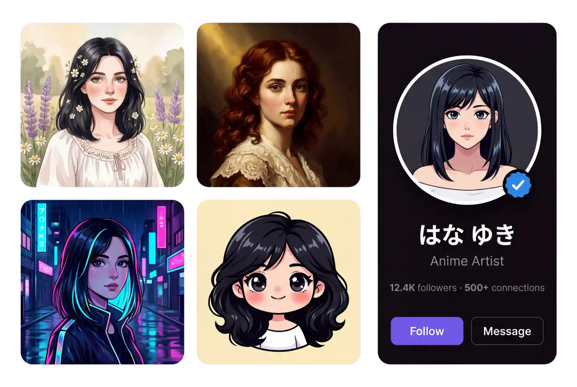 Cuatro estilos de generador de IA de anime mostrados junto a un perfil de redes sociales usando un avatar de anime: cottagecore, retrato renacentista, cyberpunk y chibi