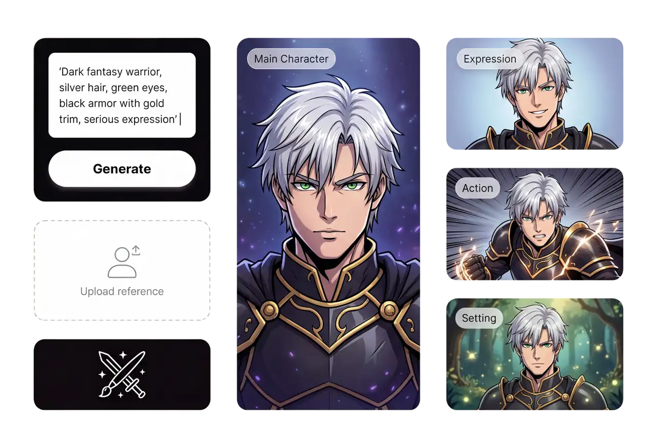 Interfaz del generador de IA de anime que muestra un personaje guerrero de fantasía oscura generado a partir de un mensaje de texto con variaciones de expresión, acción y configuración