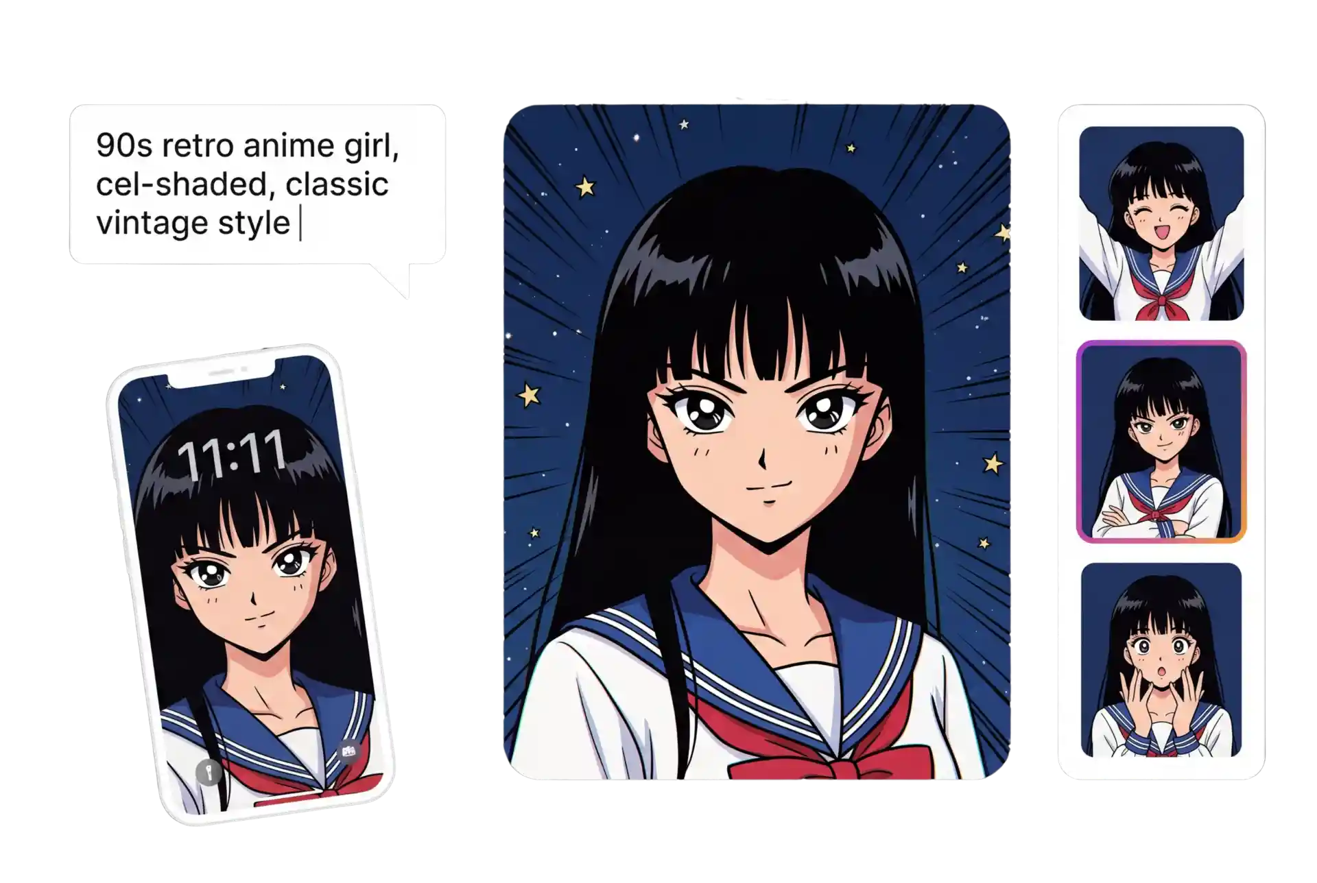 Personaje de estilo anime clásico generado a partir de un mensaje de texto, mostrado como fondo de pantalla del teléfono y tres variantes de expresión