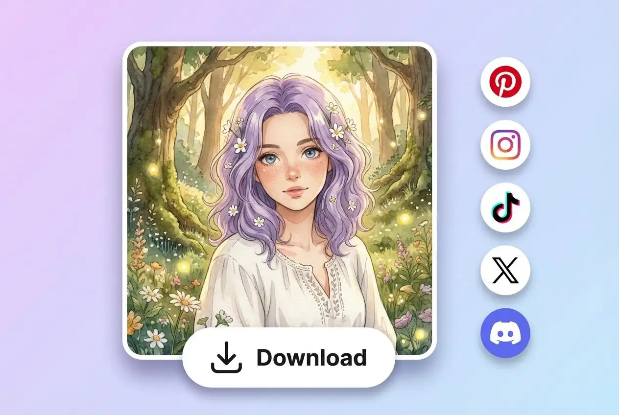 Avatar de anime generado por IA con cabello morado en un entorno forestal, mostrado con botón de descarga e íconos para compartir para Pinterest, Instagram, TikTok, X y Discord
