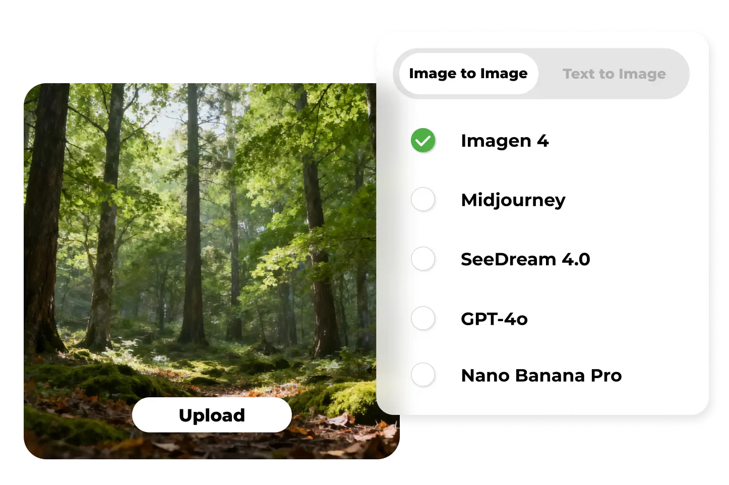 Select AI image generation model on PhotoGrid: Imagen 4, Midjourney, SeeDream 4.0, GPT-4o, Nano Banana Pro options
