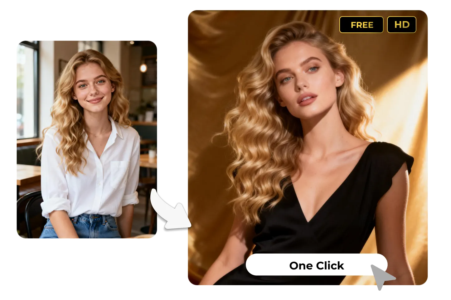 Before and after portrait comparison showing a casual photo transformed into a studio style high definition portrait with one click, labeled as free and HD