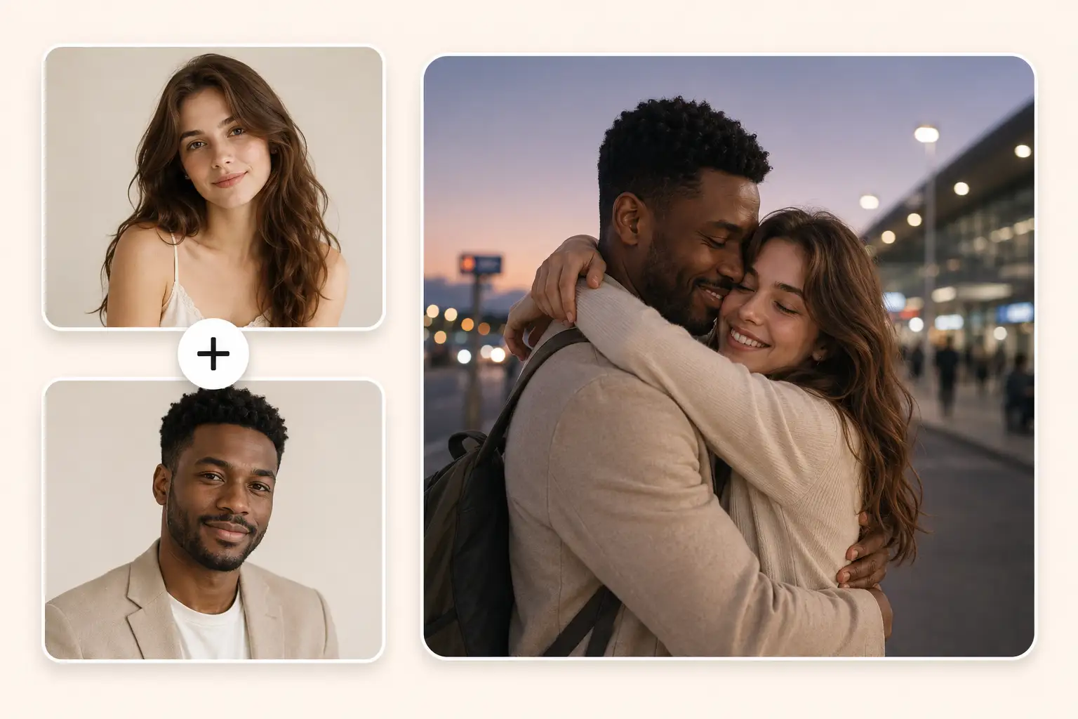Long-distance couple photo created from two selfies of a wavy-haired woman and a man in a beige blazer showing an airport embrace