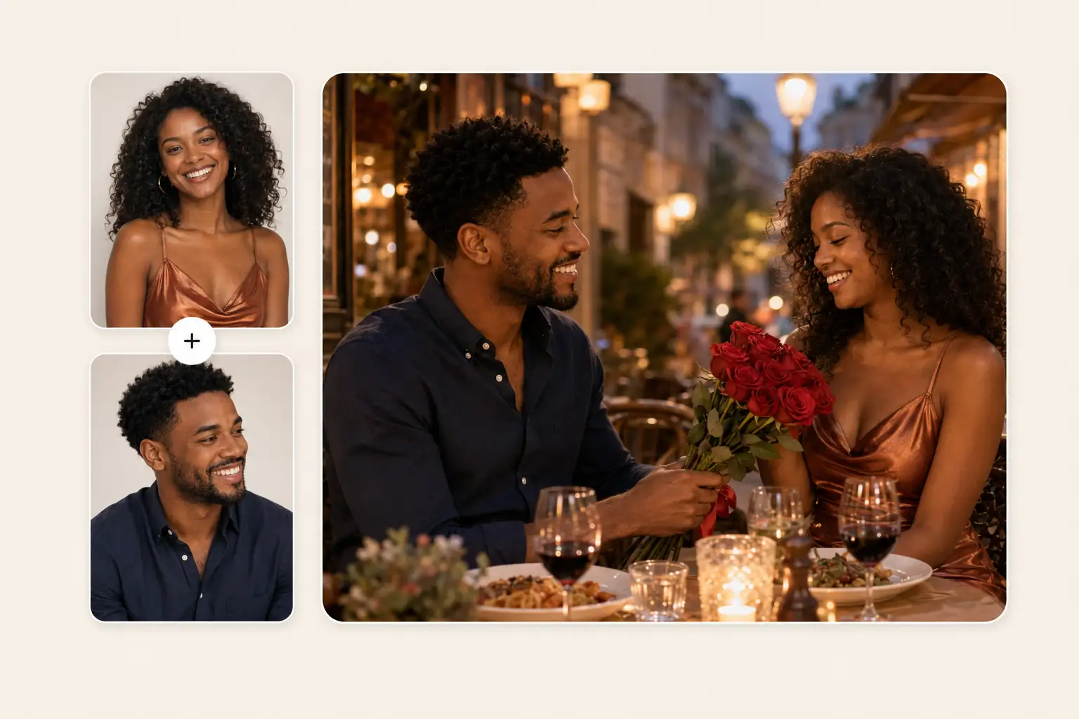Anniversary AI couple photo turning a woman in a bronze dress and a man in a dark shirt into a candlelit Valentine's Day dinner scene