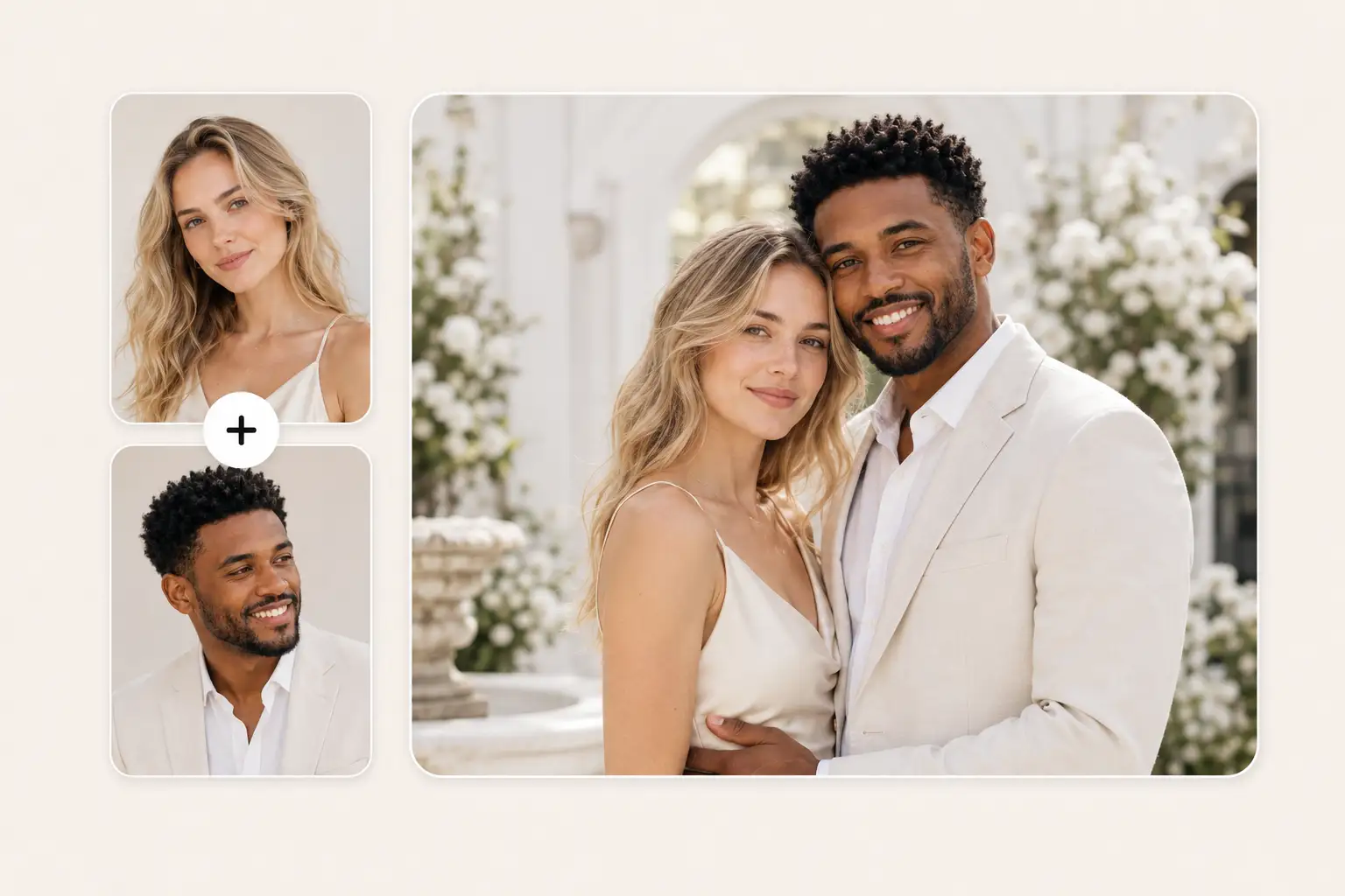 Wedding couple portrait generated from a blonde woman and a man in a white suit in front of a white floral arch