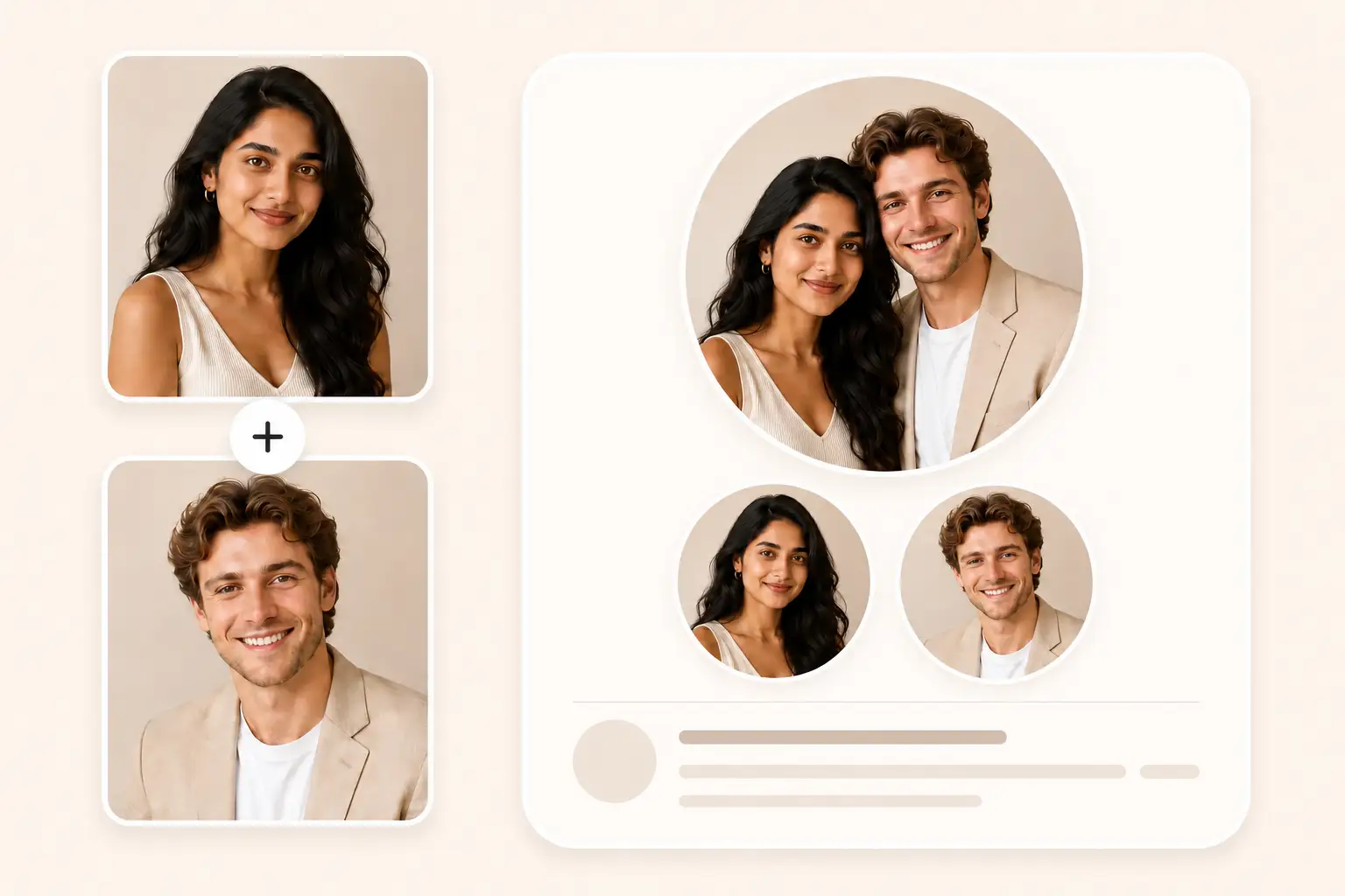 Matching couple profile pictures for social media generated from a South Asian woman with long dark hair and a curly-haired man