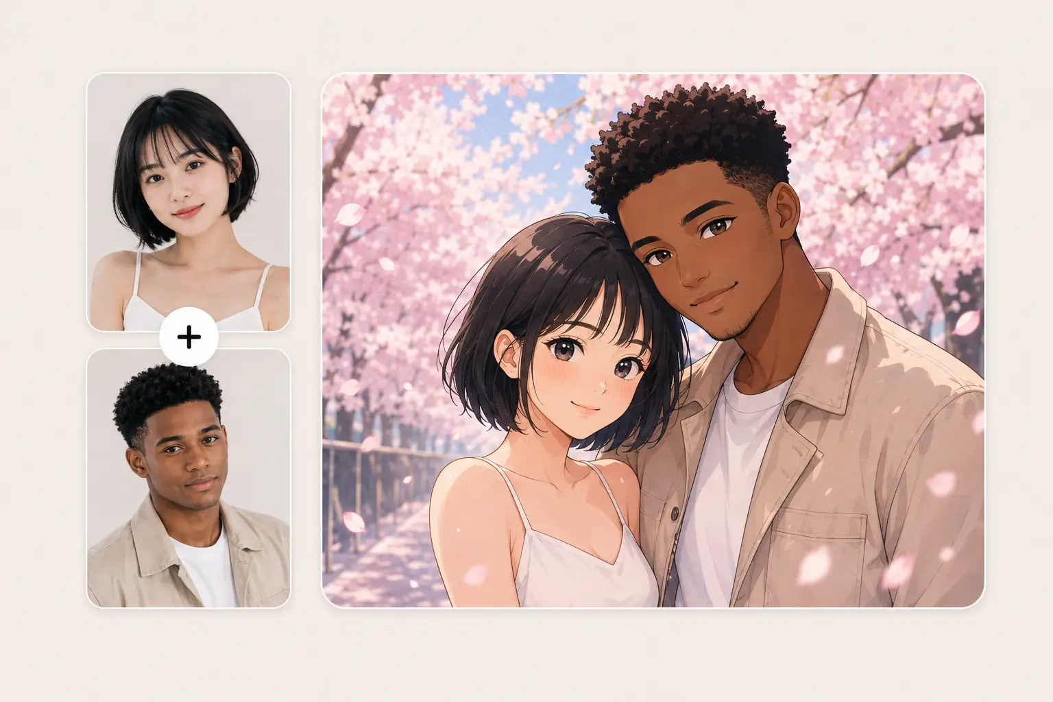 Anime couple photo generator transforming an East Asian woman with a short bob and a young man into a cherry blossom scene