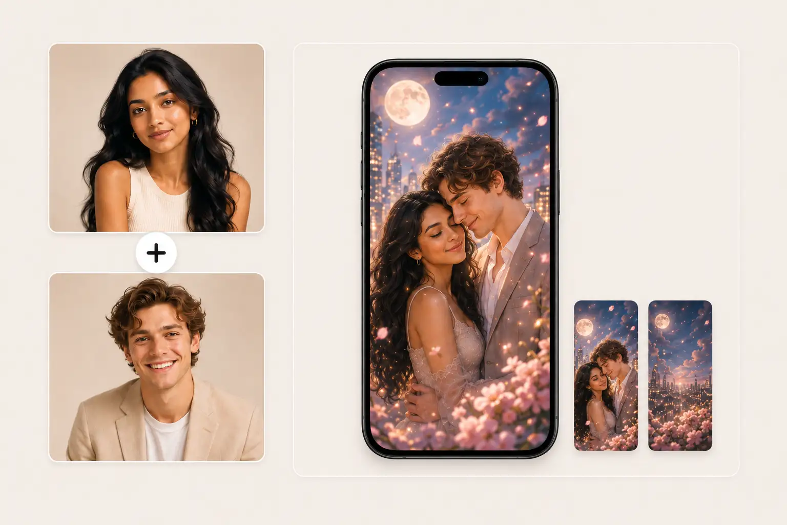 AI couple wallpaper generator turning a South Asian woman and a curly-haired man into a fantasy moonlit portrait displayed in 4K