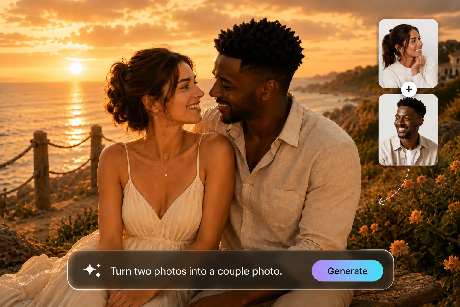 AI couple photo generator creating a sunset beach portrait from a woman in a cream dress and a man in a beige shirt