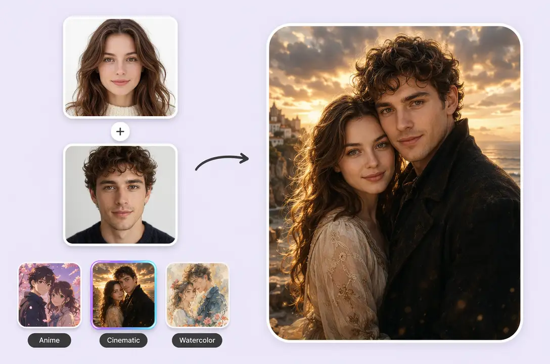 AI couple photo styles including anime, cinematic, and watercolor combining a curly-haired woman and man into a coastal portrait